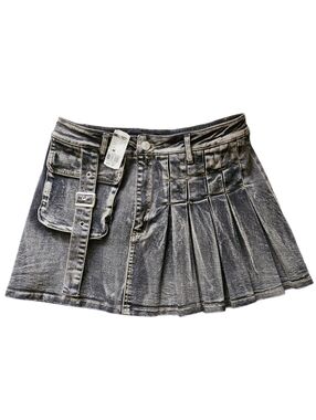 NWT Y2K French Kiss Gray Black Denim Skirt Pleated Grunge Under Shorts Belted  M